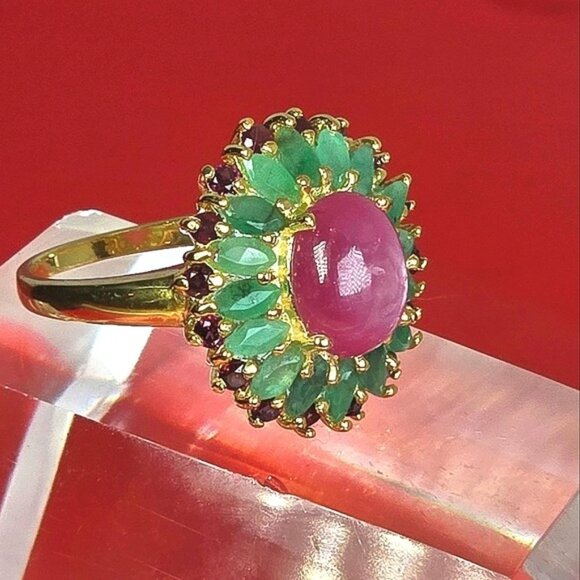 925 Sterling Silver Ring SZ 8.25 with Natural Ruby, Emerald & Garnet Gemstones - Picture 5 of 8